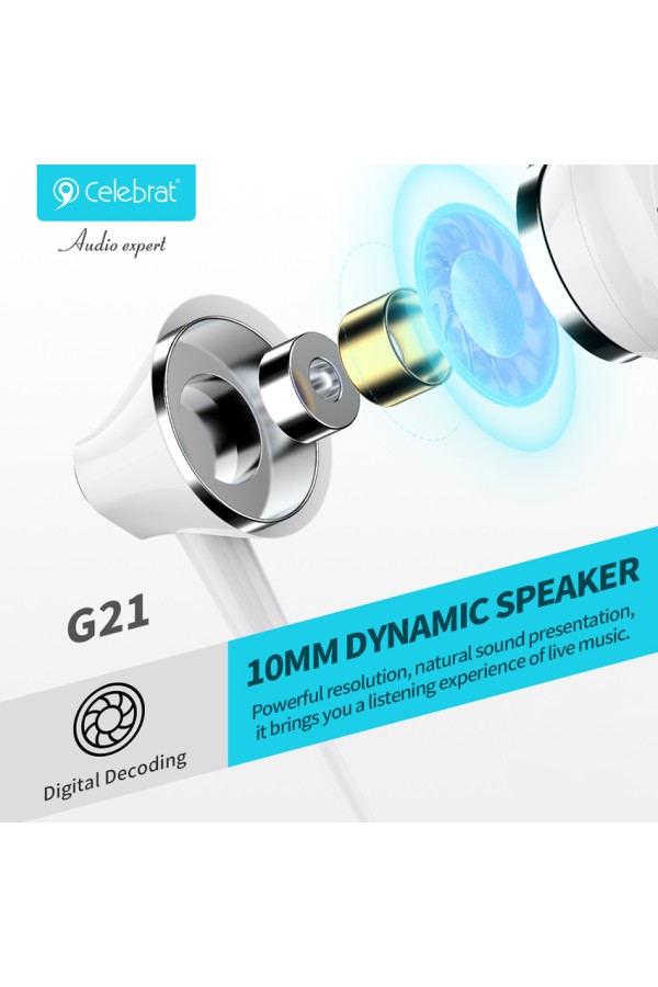 CELEBRAT earphones με μικρόφωνο G21, 3.5mm σύνδεση, Φ12mm, 1.2m, λευκά