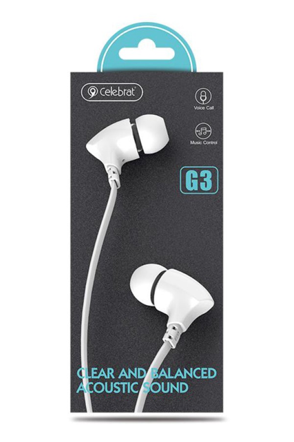 CELEBRAT earphones με μικρόφωνο G3, 3.5mm σύνδεση, Φ10mm, 1.2m, λευκά