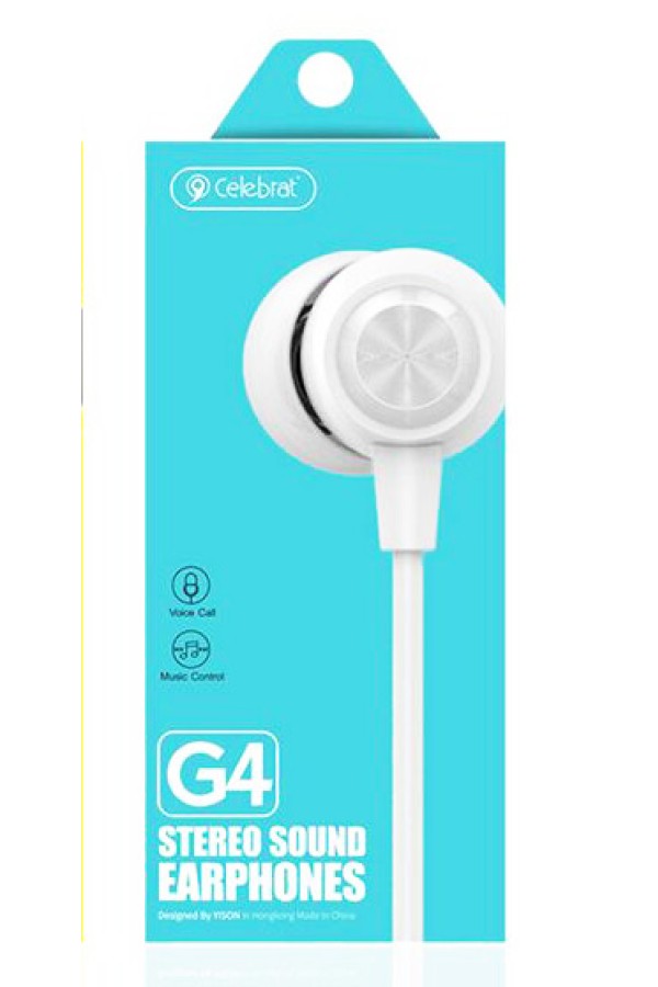 CELEBRAT earphones με μικρόφωνο G4, 3.5mm σύνδεση, Φ10mm, 1.2m, λευκό