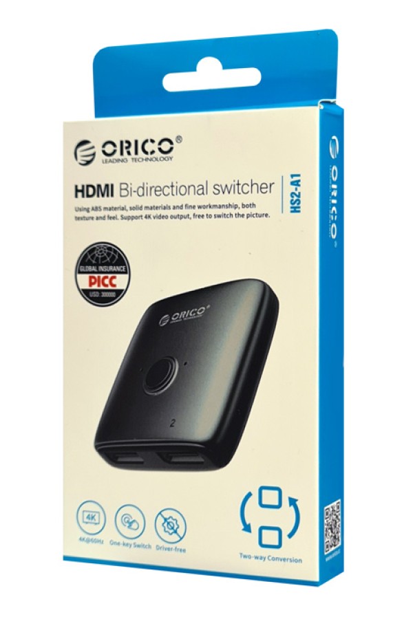 ORICO HDMI switch HS2-A1, 2 σε 1, 4K/60Hz, bi-directional, γκρι