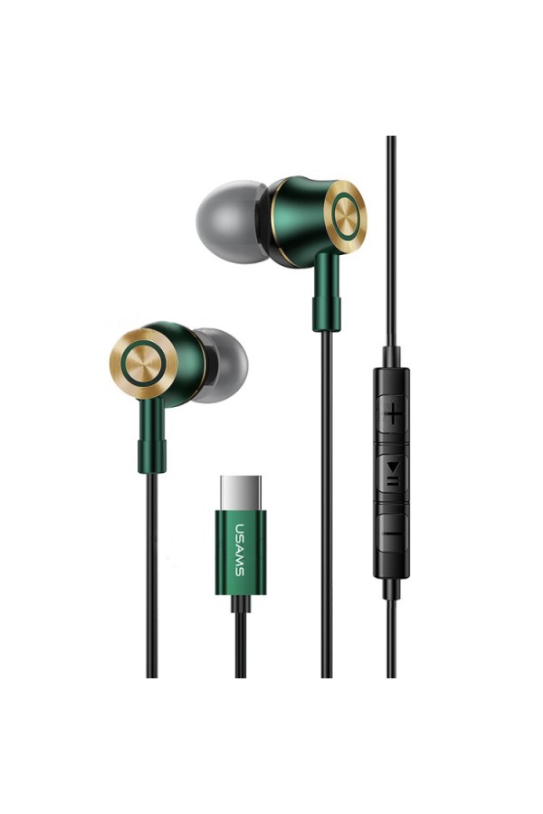 USAMS earphones με μικρόφωνο US-SJ482, USB-C, Φ10mm, 1.2m, πράσινα