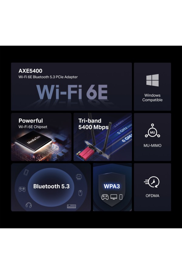 MERCUSYS κάρτα δικτύου MA86XE, AXE5400, Wi-Fi 6E, Bluetooth, PCIe, V.2.0