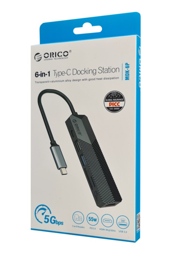 ORICO docking station MDK-6P, 6 θυρών, USB-C σύνδεση, 55W PD, 4K, μαύρο