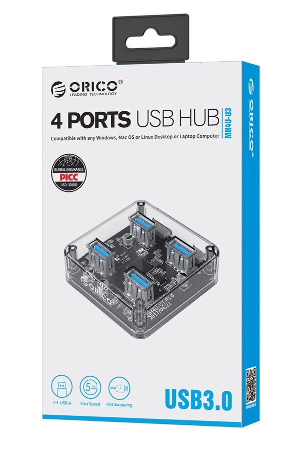 ORICO USB hub MH4U-U3, 4x θυρών, 5Gbps, διάφανο