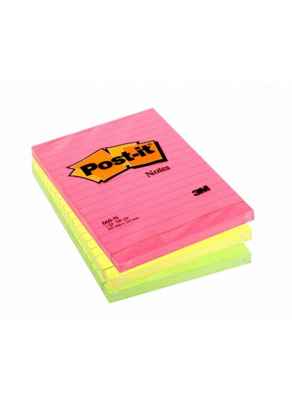 3M Αυτοκόλλητα Χαρτάκια Post-it Lined 102 x 152 mm (Διάφορα Neon Χρώματα) (100 Φύλλα) (660N)