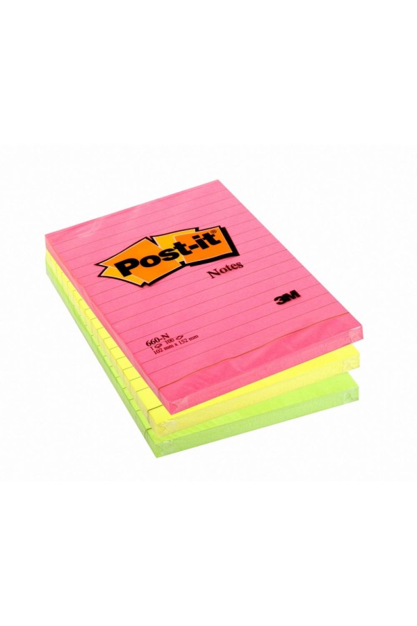 3M Αυτοκόλλητα Χαρτάκια Post-it Lined 102 x 152 mm (Διάφορα Neon Χρώματα) (100 Φύλλα) (660N)