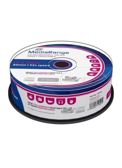 MediaRange CD-R 80' 700MB 52x Inkjet Fullsurface Printable Cake x 25 (MR202)