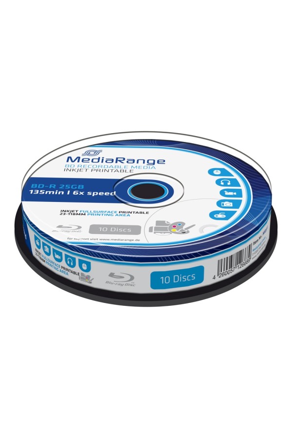 MediaRange BD-R Blu-Ray 25GB 6x Cake Box x10 Inkjet fullsurface printable (MR500)