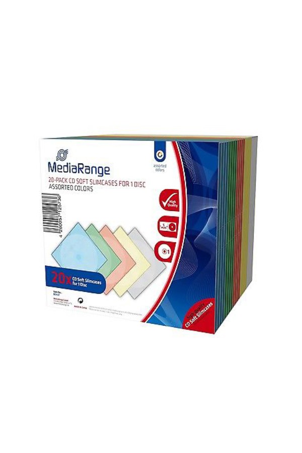 MediaRange CD Soft Slimcase for 1 Disc 5.0mm Assorted Colours (20 Pack) (MRBOX37)