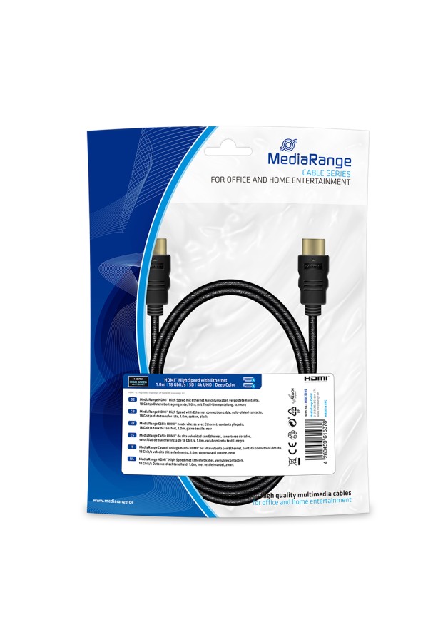 Καλώδιο MediaRange HDMI High Speed with Ethernet connection, gold-plated contacts, 18 Gbit/s data transfer rate, 1.0m, cotton, black (MRCS195)