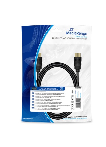 Καλώδιο MediaRange HDMI High Speed with Ethernet connection, gold-plated contacts, 18 Gbit/s data transfer rate, 2.0m, cotton, black (MRCS196)