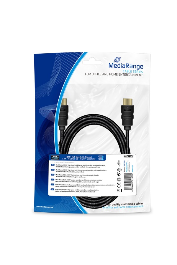 Καλώδιο MediaRange HDMI High Speed with Ethernet connection cable, gold-plated contacts, 18 Gbit/s data transfer rate, 3.0m, cotton, black (MRCS198)