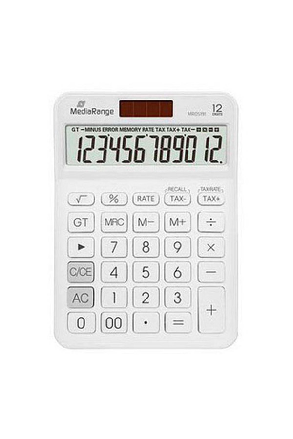 MediaRange Calculator with tax function, 12-digit LCD, solar and battery powered, white (MROS191)