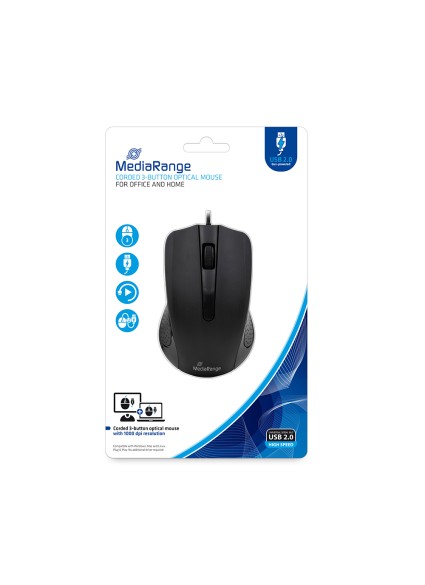 MediaRange Optical Mouse Corded 3-Button (Black, Wired) (MROS210)