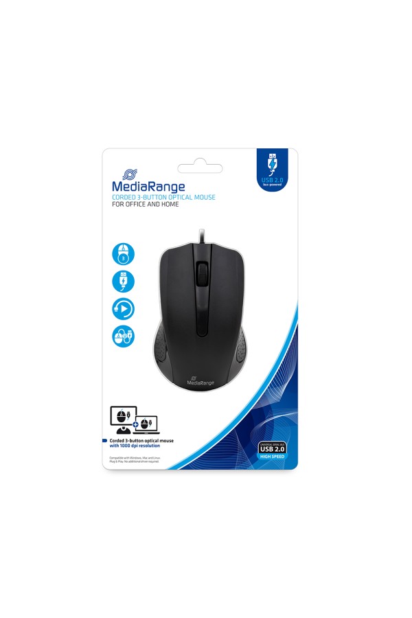 MediaRange Optical Mouse Corded 3-Button (Black, Wired) (MROS210)