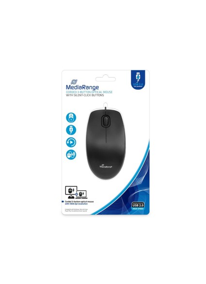 MediaRange Optical Mouse Corded 3-Button Silent-click (Black, Wired) (MROS212)