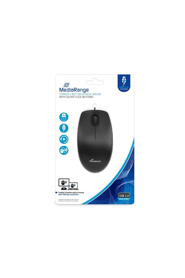MediaRange Optical Mouse Corded 3-Button Silent-click (Black, Wired) (MROS212)