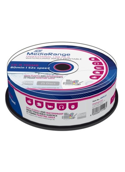 MediaRange CD-R 80' 700MB 52x Inkjet fullsurf. print., Waterguard white, High-glossy, Waterproof, Wide Sput. (MRPL512)
