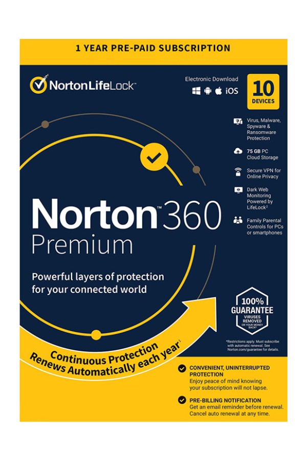 NORTON Antivirus 360 Premium ESD, 10 συσκευές, 75GB cloud, 1 έτος