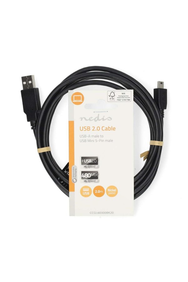 Nedis Καλώδιο USB-A Male to USB Mini-B 5 pin Male 2.00m Black (CCGL60300BK20) (NEDCCGL60300BK20)