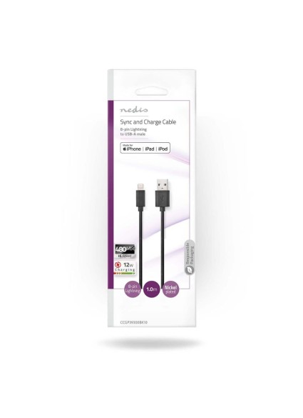 Nedis Regular USB to Lightning Cable Black 1m (CCGP39300BK10) (NEDCCGP39300BK10)