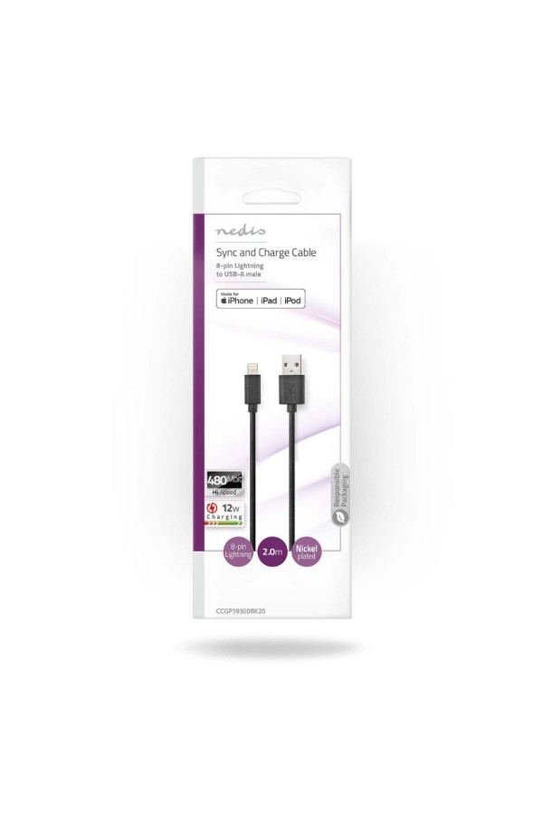 Nedis Regular USB to Lightning Cable Black 2m (CCGP39300BK20) (NEDCCGP39300BK20)