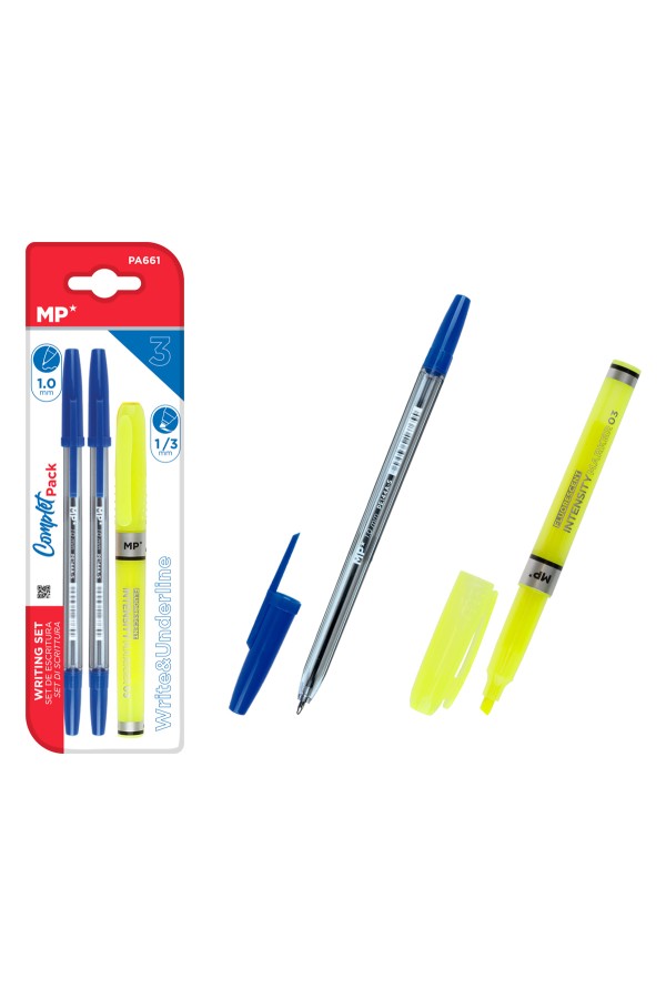 MP σετ στυλό & μαρκαδόρος υπογράμμισης PA661, μπλε & κίτρινο, 3τμχ