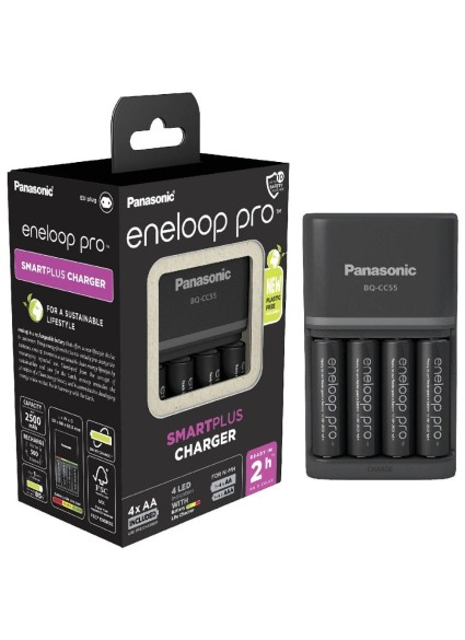 Panasonic Eneloop Pro Smart Plus BQ-CC55 Φορτιστής 4 Μπαταριών Ni-MH Μεγέθους AA/AAA Σετ με 4x AA 2500mAh (39230434) (PAN39230434)