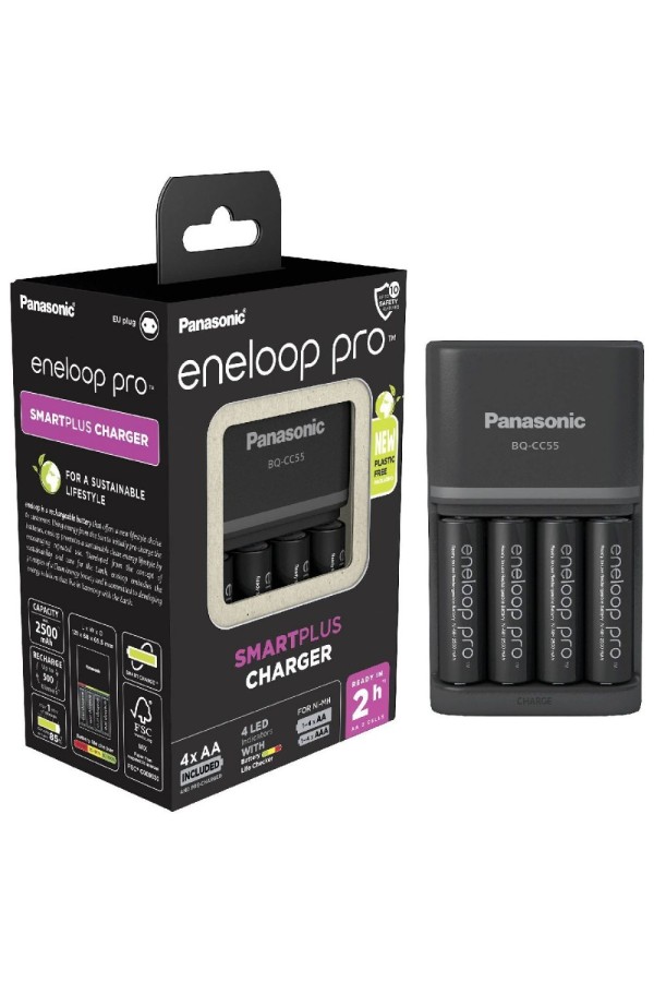 Panasonic Eneloop Pro Smart Plus BQ-CC55 Φορτιστής 4 Μπαταριών Ni-MH Μεγέθους AA/AAA Σετ με 4x AA 2500mAh (39230434) (PAN39230434)