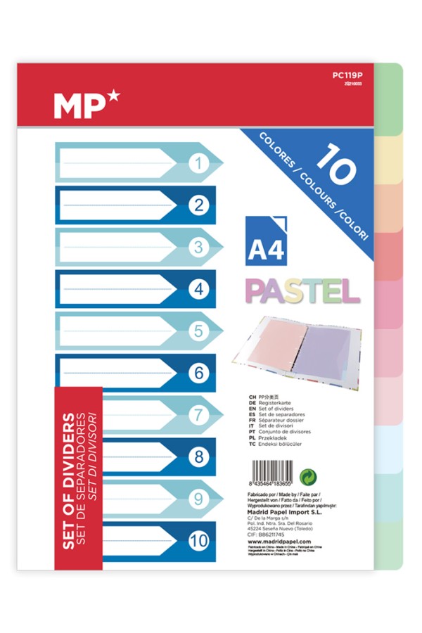 MP χρωματιστά διαχωριστικά φύλλα A4 PC119P, πλαστικά, 10τμχ