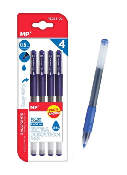 MP στυλό διαρκείας gel PE254-02, 0.5mm, μπλε, 4τμχ