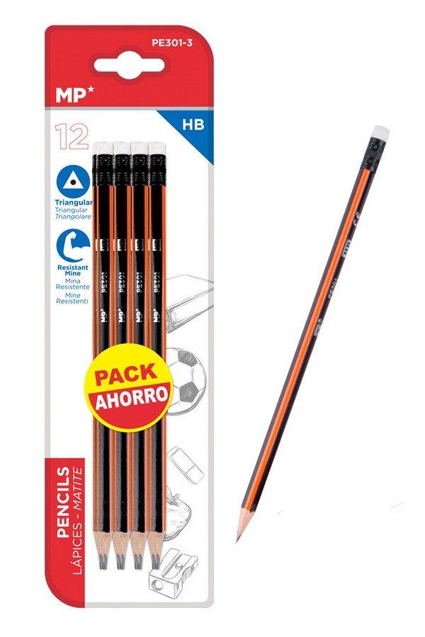 MP ξύλινο μολύβι με γόμα PE301-3, τρίγωνο, HB, 12τμχ