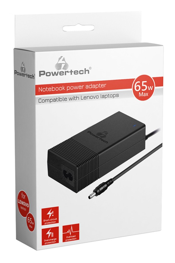 POWERTECH φορτιστής laptop PT-1038 για Lenovo, 65W, 1.8m, μαύρος