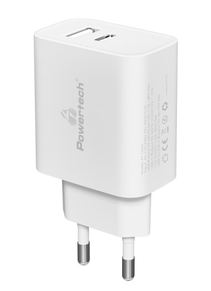 POWERTECH φορτιστής τοίχου PT-1044, USB & USB-C, PD QC3.0, 30W, λευκός