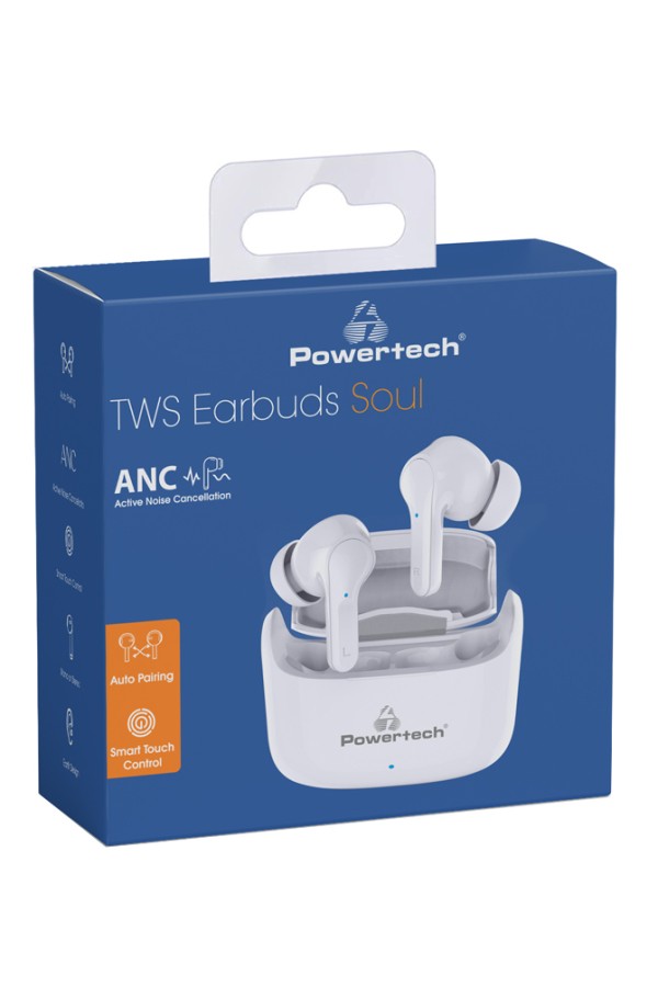 POWERTECH earphones με θήκη φόρτισης Soul, TWS, ANC, 45/400mAh, λευκά