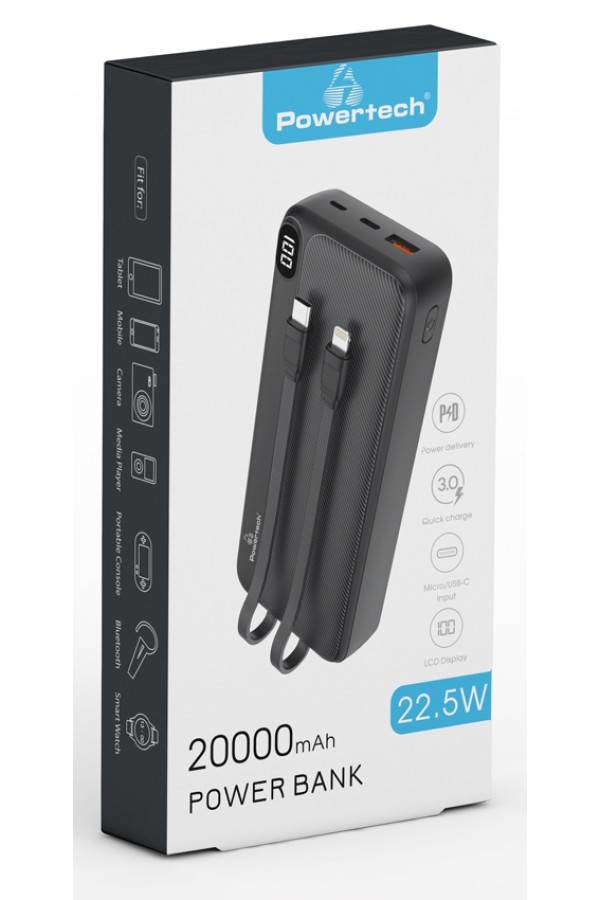 POWERTECH power bank με καλώδια και οθόνη PT-1064 20000mAh, 22.5W, μαύρο