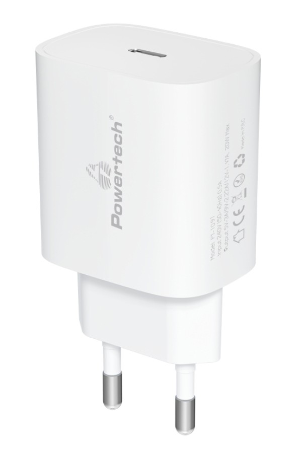 POWERTECH φορτιστής τοίχου PT-1091, USB-C, PD 20W, λευκός