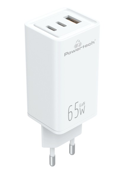 POWERTECH φορτιστής τοίχου PT-1094, USB & 2x USB-C, 65W, GaN, λευκός