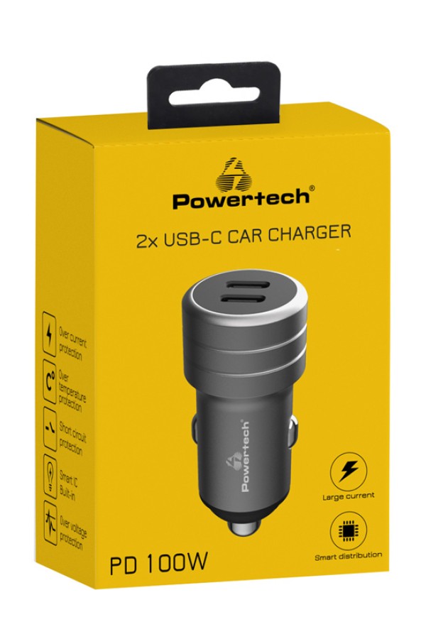 POWERTECH φορτιστής αυτοκινήτου PT-1149, 2x USB-C, 100W PD, γκρι