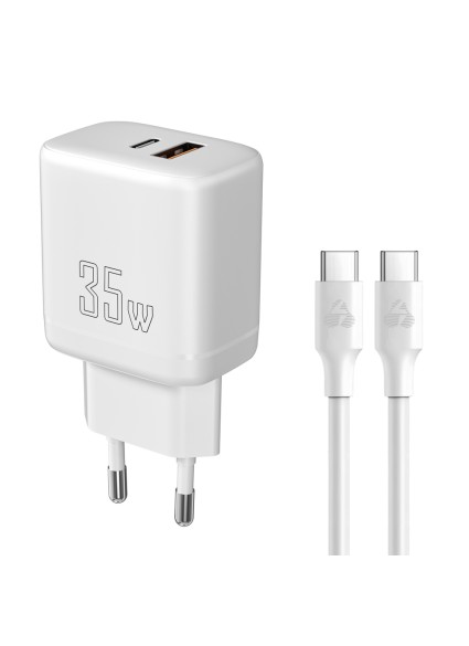 POWERTECH φορτιστής τοίχου PT-1179, καλώδιο, USB/USB-C, 35W, GaN, λευκός