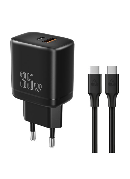 POWERTECH φορτιστής τοίχου PT-1180, καλώδιο, USB/USB-C, 35W, GaN, μαύρος