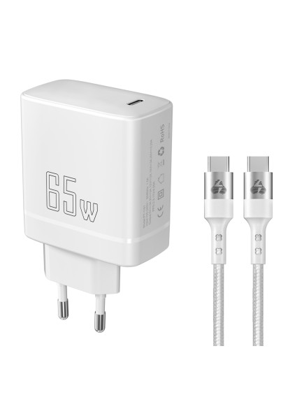 POWERTECH φορτιστής τοίχου PT-1181 με καλώδιο, USB-C, 65W, GaN, λευκός