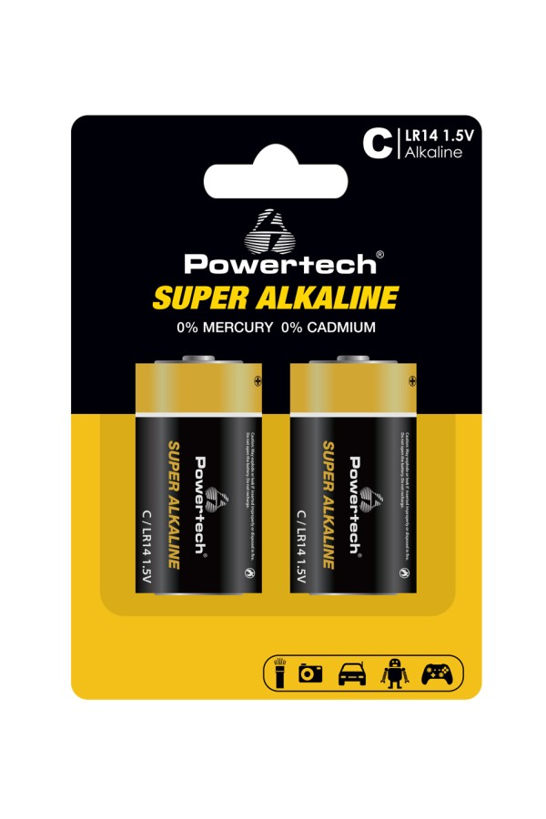 POWERTECH αλκαλικές μπαταρίες Super Alkaline PT-1216, LR14, 1.5V, 2τμχ