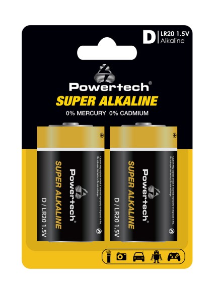 POWERTECH αλκαλικές μπαταρίες Super Alkaline PT-1217, LR20, 1.5V, 2τμχ