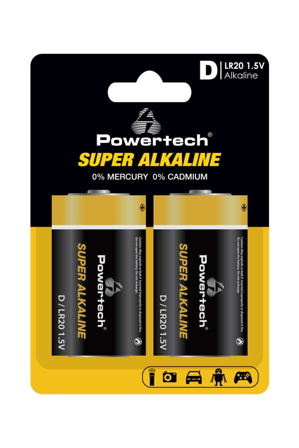 POWERTECH αλκαλικές μπαταρίες Super Alkaline PT-1217, LR20, 1.5V, 2τμχ