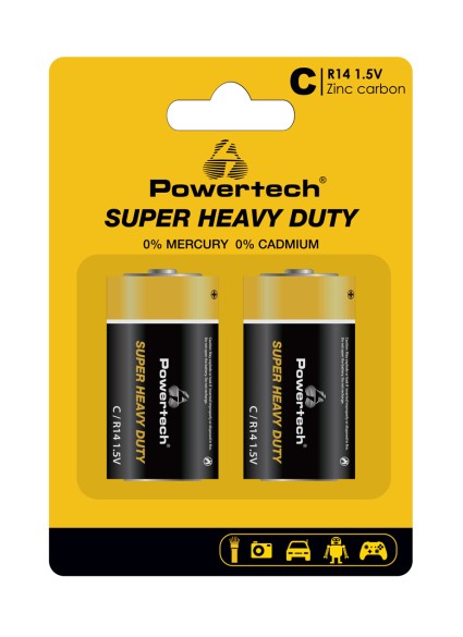 POWERTECH μπαταρίες Zinc Carbon Super Heavy Duty PT-1221, R14 1.5V, 2τμχ