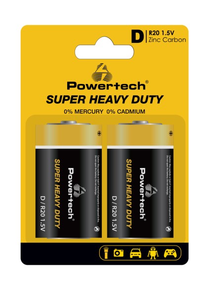 POWERTECH μπαταρίες Zinc Carbon Super Heavy Duty PT-1222, R20 1.5V, 2τμχ