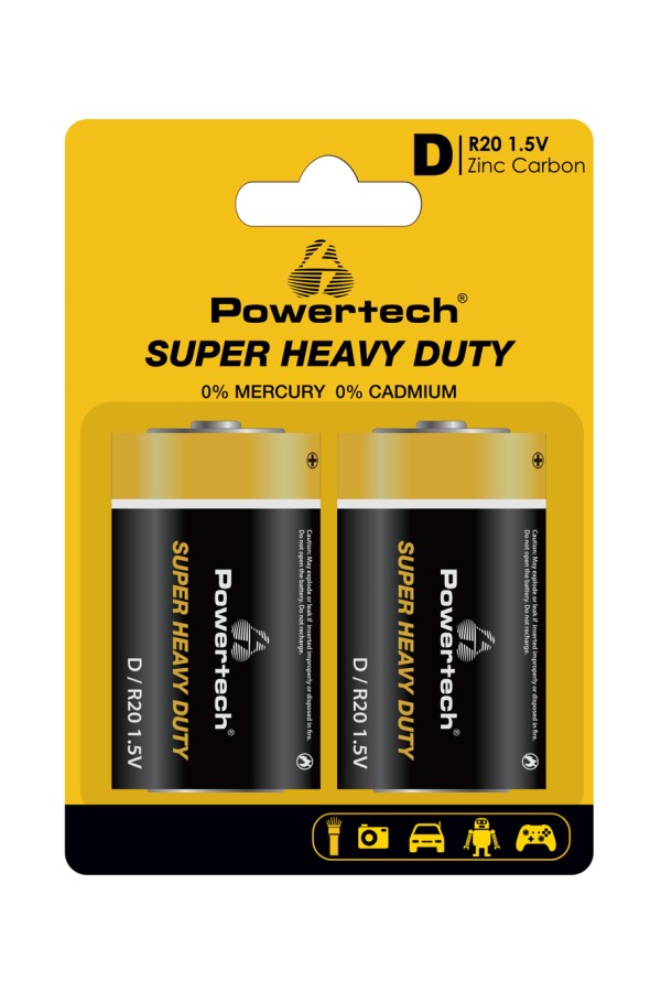 POWERTECH μπαταρίες Zinc Carbon Super Heavy Duty PT-1222, R20 1.5V, 2τμχ