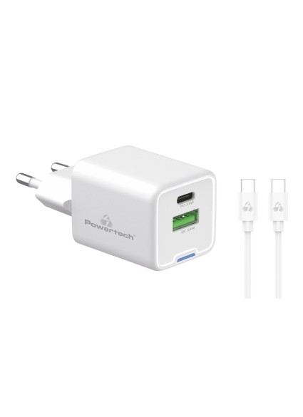 POWERTECH φορτιστής τοίχου PT-1224, καλώδιο, USB/USB-C, 33W, GaN, λευκός