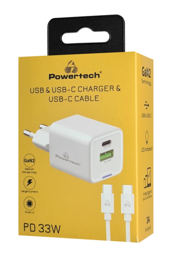 POWERTECH φορτιστής τοίχου PT-1224, καλώδιο, USB/USB-C, 33W, GaN, λευκός